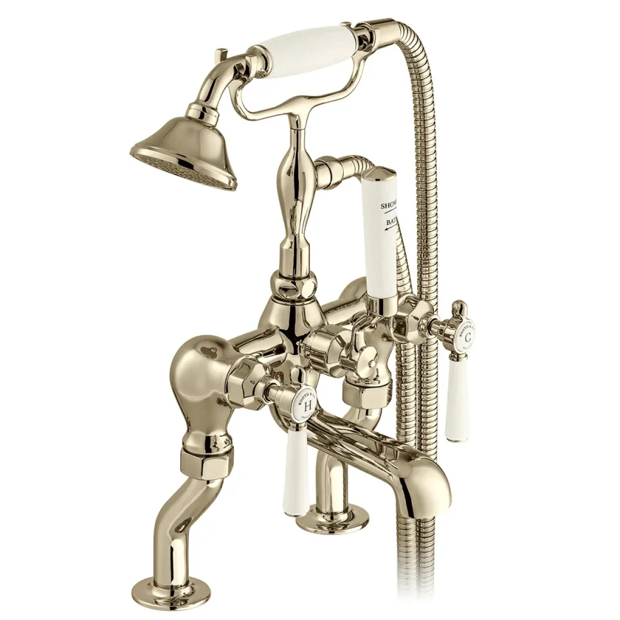 Booth & Co. Deck Mounted Bath Shower Mixer With Shower Kit Bright Nickel & Crackled White product image - Image 1