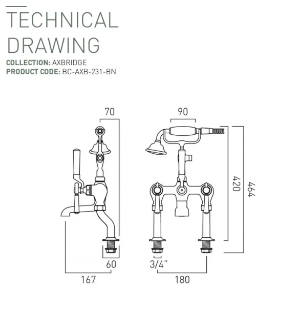 Booth & Co. Deck Mounted Bath Shower Mixer With Shower Kit Bright Nickel & Crackled White technical drawing - Image 2