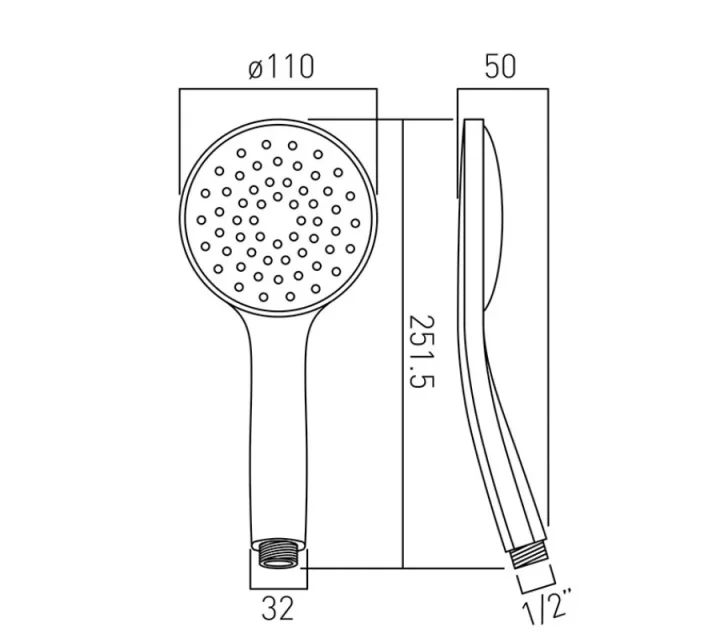 Vado Atmosphere 110mm Round Air-injected Single-function Rub-clean Shower Handset Chrome technical drawing - Image 2