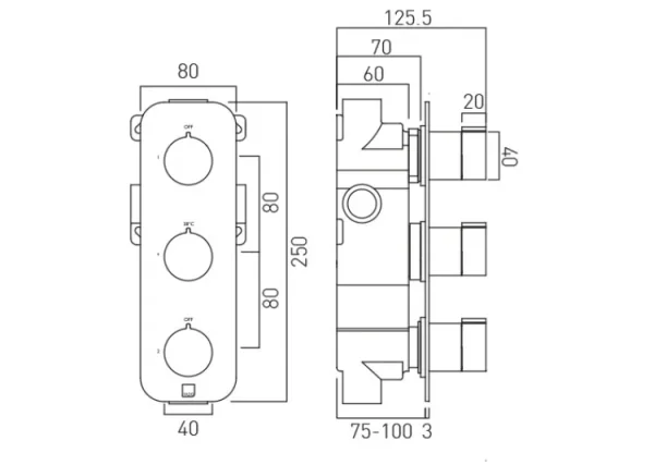 Vado Tablet Altitude 2 Outlet 3 Handle Concealed Thermostatic Valve Vertical Chrome technical drawing - Image 2
