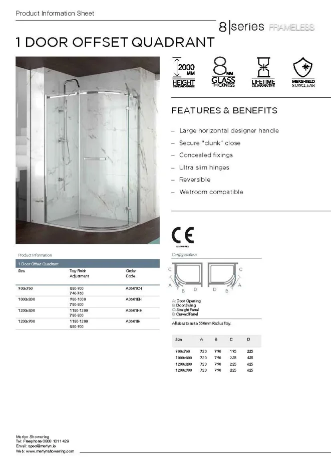 Merlyn 8 Series Frameless 1 Door Offset Quadrant 1200 X 900mm technical drawing - Image 3