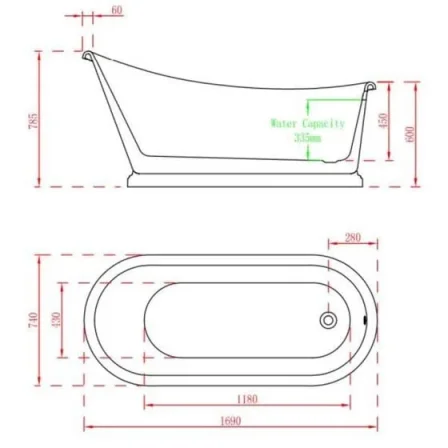 Bc Designs 1700 Slipper Bath White technical drawing - Image 2