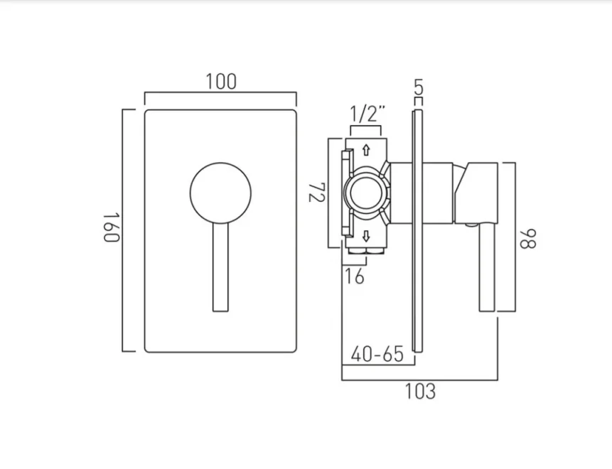 Vado Zoo 1 Outlet Single Lever Concealed Manual Valve Rectangular Backplate Chrome technical drawing - Image 3