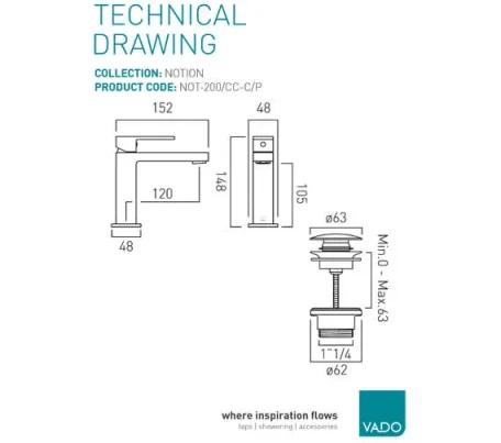 Vado Notion Slimlinemono Basin Mixer Smooth Bodied Single Lever Deck Mounted With Universal Waste Chrome technical drawing - Image 2