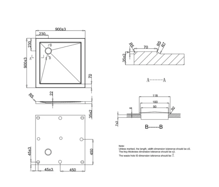 Crosswater Square Shower Tray 900 technical drawing - Image 3
