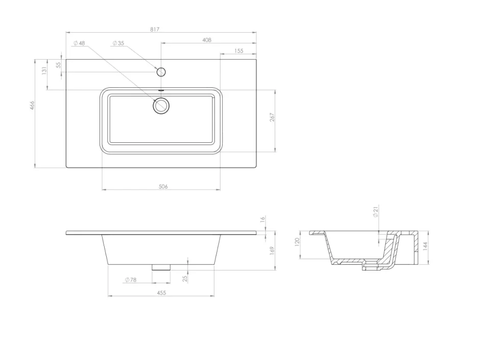 Saneux Uni 80x47cm Washbasin 1th technical drawing - Image 2