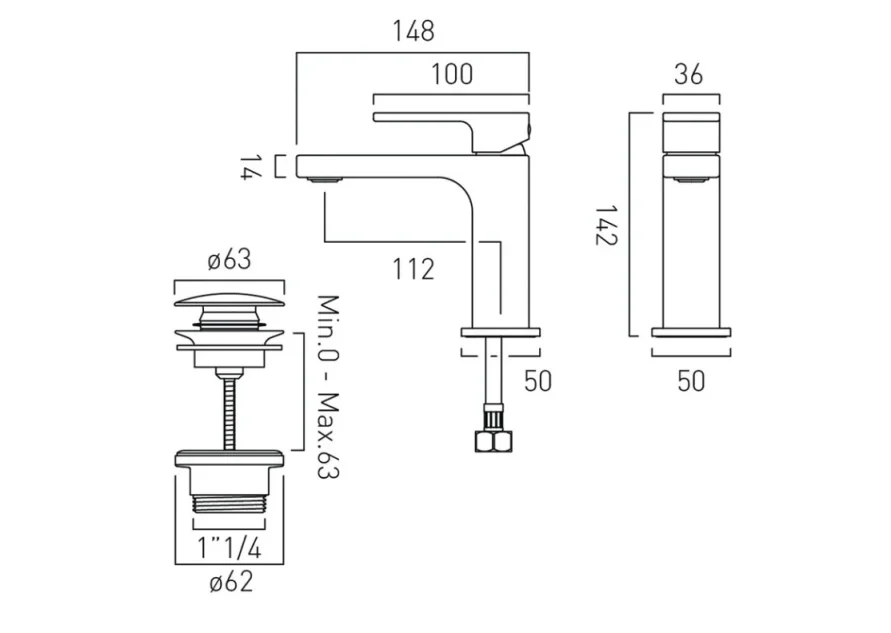 Vado Slim Life Mono Basin Mixer Smooth Bodied Single Lever Deck Mounted With Universal Waste Chrome technical drawing - Image 2