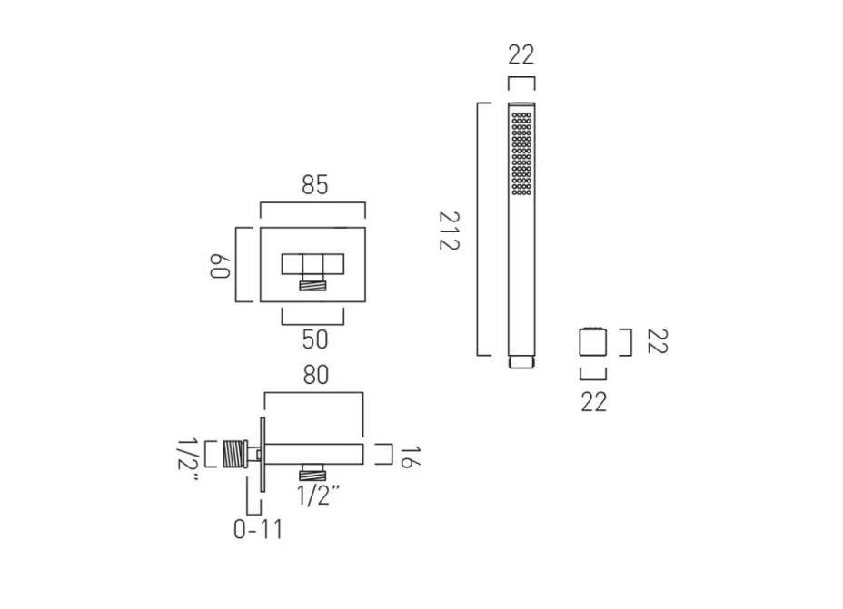 Vado Individual Square Single Function Mini Shower Kit With Integrated Outlet And Bracket Wall Mounted Brushed Black technical drawing - Image 2
