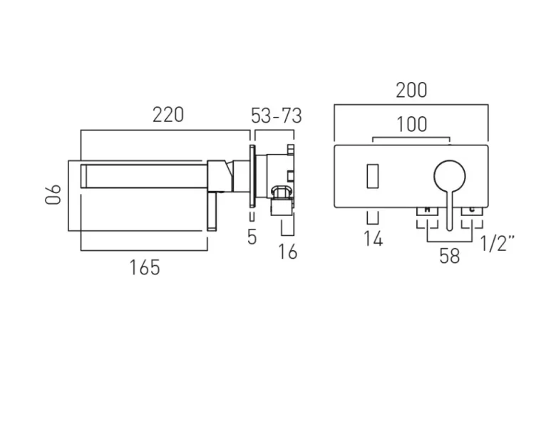 Vado Individual Edit Wall Mounted Single Lever Basin Mixer With Rectangular Backplate Brushed Black technical drawing - Image 2