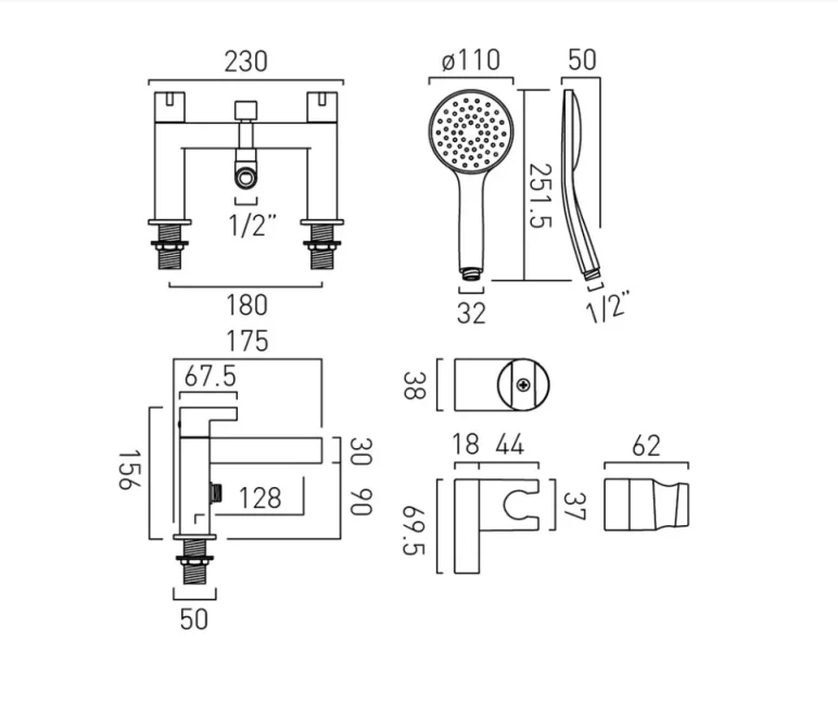 Vado Edit 2 Hole Bath Shower Mixer Deck Mounted With Shower Kit Chrome technical drawing - Image 2