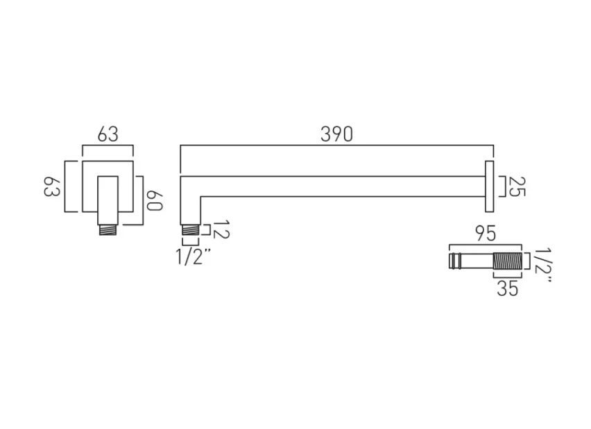 Vado Individual Easy Fit Square Shower Arm Brushed Gold technical drawing - Image 2