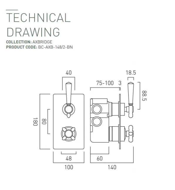 Booth & Co. 2 Outlet, 2 Handle Concealed Thermostatic Valve Bright Nickel & Crackled White technical drawing - Image 2