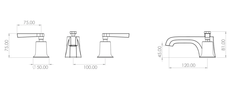 Saneux Cromwell 3 Piece Lever Handle Basin Mixer & Waste - Chrome technical drawing - Image 2