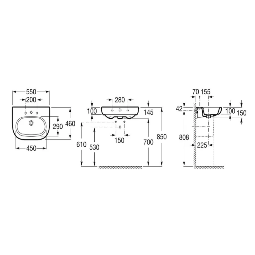 Roca Meridian-n Wall Hung Basin 550 X 460mm - 1 Taphole technical drawing - Image 2