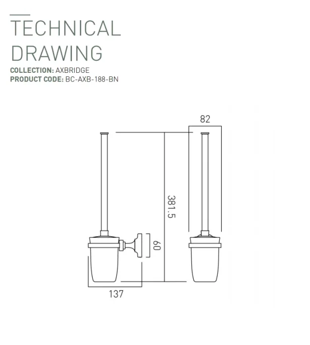 Booth & Co. Toilet Brush And Ceramic Holder Bright Nickel & Crackled White technical drawing - Image 2