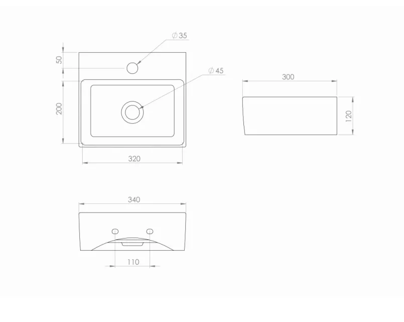 Saneux Matteo 34x30cm Washbasin 1th - Gloss White technical drawing - Image 2