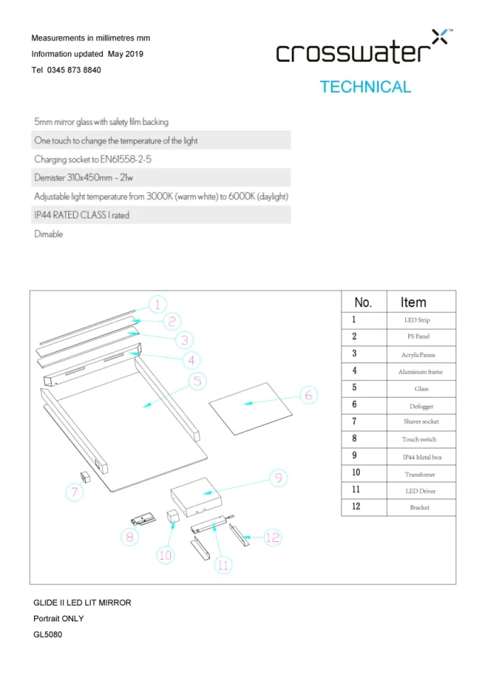 Crosswater Glide Ii Illuminated Mirror 500x800 technical drawing - Image 2