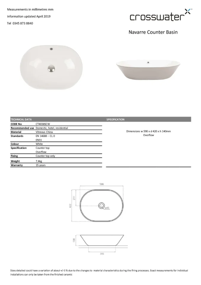 Crosswater Navarre Counter Basin With Overflow 590x420 White technical drawing - Image 3