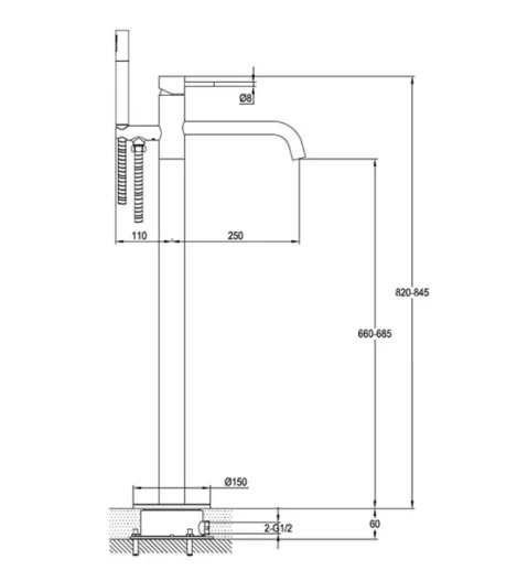 Just Taps Vos Floor Standing Bath Mixer With Kit Brushed Black technical drawing - Image 2
