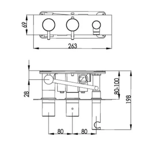 Just Taps Vos Thermostatic Concealed 2 Outlet Shower Valve With Attached Handset Brushed Brass technical drawing - Image 2