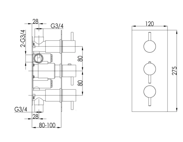 Just Taps Inox Thermostatic Concealed 2 Outlet Shower Valve Vertical technical drawing - Image 2