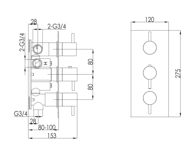 Just Taps Inox Thermostatic Concealed 3 Outlet Shower Valve Vertical technical drawing - Image 2