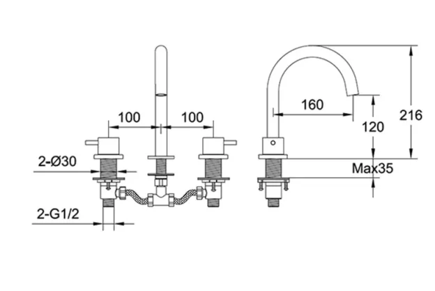 Just Taps Vos 3 Hole Deck Mounted Basin Mixer Tap Brushed Brass technical drawing - Image 2