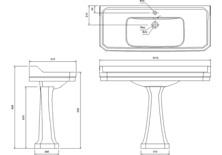 Burlington Edwardian 1200 1TH Basin and Standard Pedestal technical drawing - Image 2