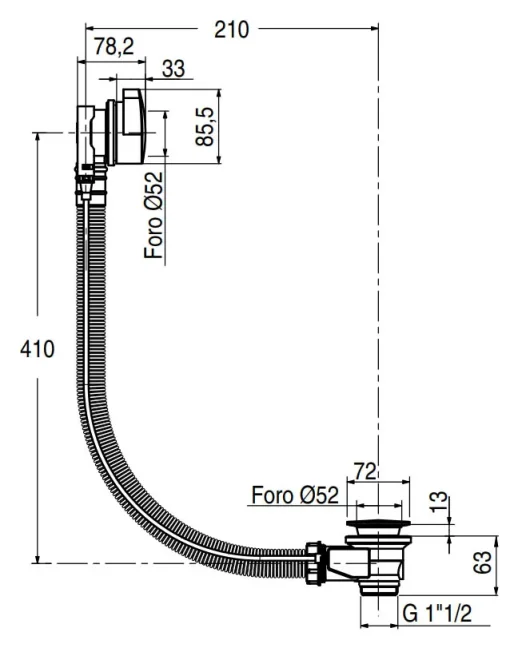 Crosswater Bath Waste With Overflow Chrome technical drawing - Image 2