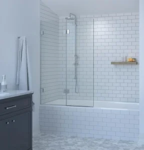 Showerlab VIEW 14.2 H SQUARE TOP TWO OUBLE HINGED BATH SCREEN 1011-1023x1500 Standard - Fixed sizes only Clear Glass , Right Hand , Open IN , Brushed Nickel