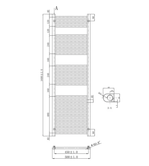 Just Taps Vos Radiator Brushed Brass 1600 X 500 technical drawing - Image 2