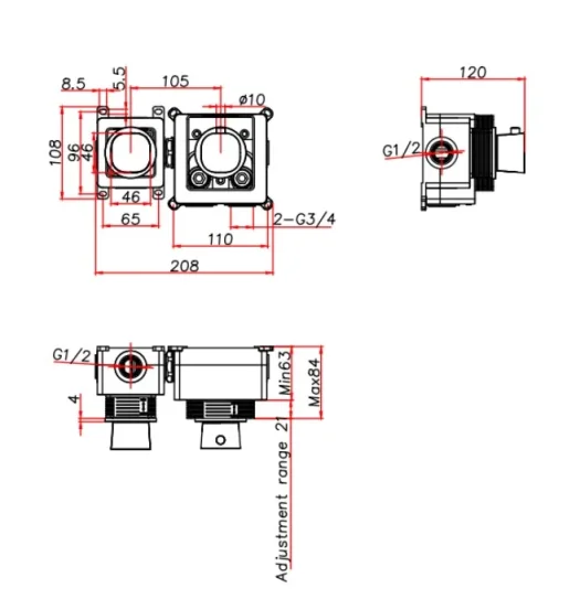Ava Purity 2 Way 2 Handle Thermostatic Valve W/flanges - Brushed Brass technical drawing - Image 2