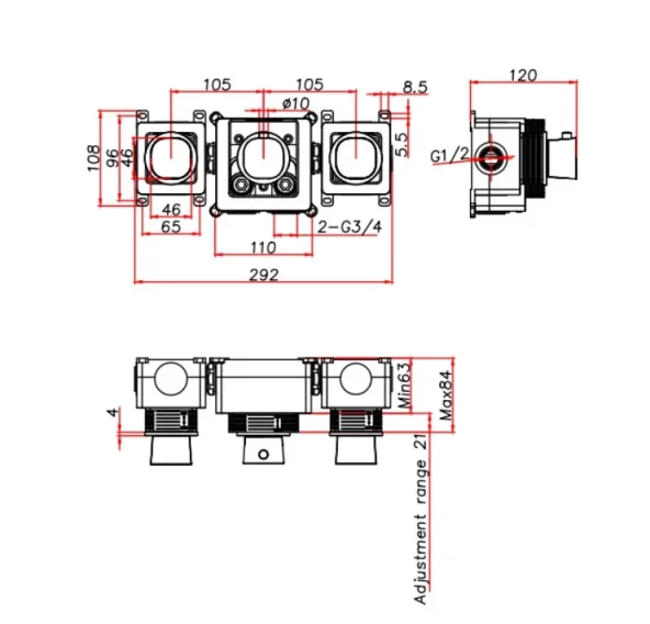 Ava Purity 2 Way 3 Handle Thermostatic Valve W/ Flanges - Brushed Brass technical drawing - Image 2