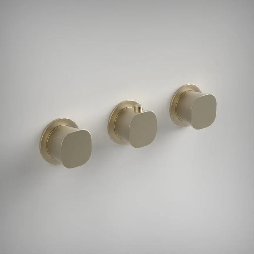 Ava Purity 2 Way 3 Handle Thermostatic Valve W/ Flanges - Brushed Brass product image - Image 1