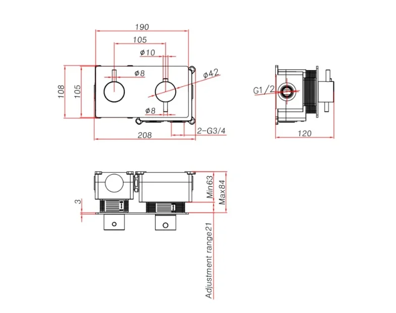 Ava Trend 1 Way 2 Handle Thermostatic Valve W/ Backplate - Polished Stainless Steel technical drawing - Image 3