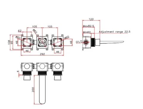 Ava Purity 3 Hole Wall Mounted Basin Mixer W/ Flanges - Brushed Black technical drawing - Image 2