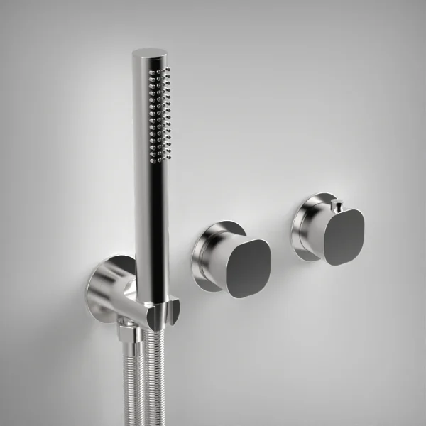Ava Purity 2 Way 2 Handle Thermostatic Valve With Built In Hand Shower W/3 Hole Flanges - Polished Stainless Steel