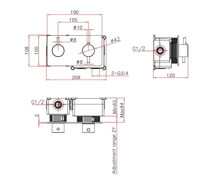 Ava Trend 2 Way 2 Handle Thermostatic Valve W/ Backplate - Brushed Brass technical drawing - Image 3