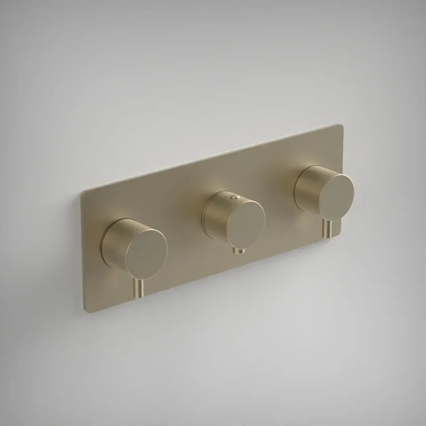 Ava Trend 2 Way 3 Handle Thermostatic Valve W/ Backplate - Brushed Brass product image - Image 1