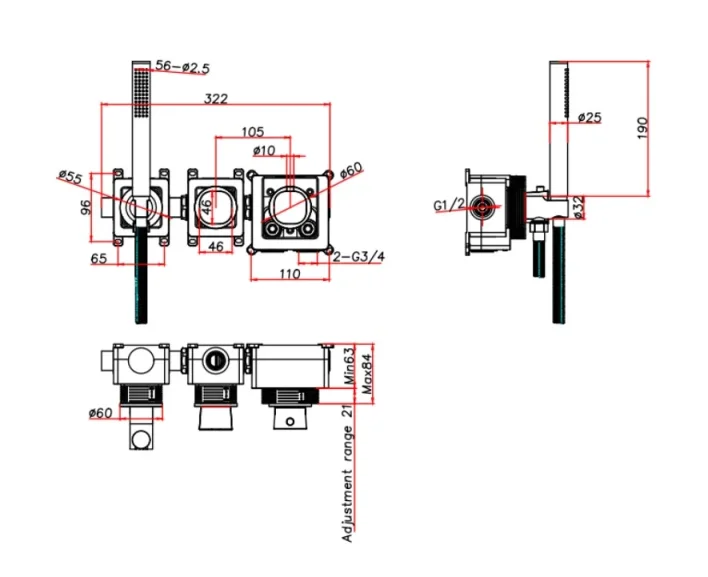 Ava Purity 2 Way 2 Handle Thermostatic Valve With Built In Hand Shower W/3 Hole Flanges - Brushed Black technical drawing - Image 2