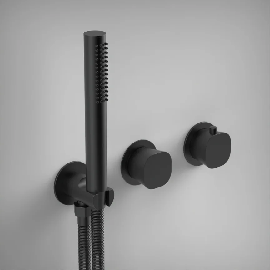 Ava Purity 2 Way 2 Handle Thermostatic Valve With Built In Hand Shower W/3 Hole Flanges - Brushed Black product image - Image 1