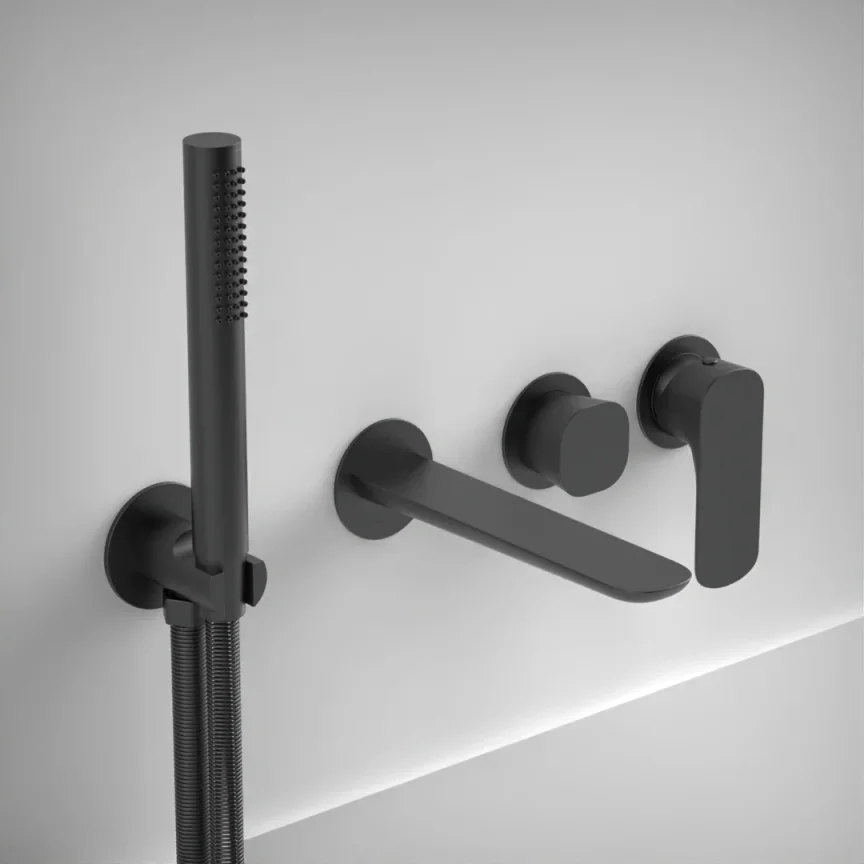 Ava Purity Thermostatic 4 Hole Wall Mounted Bath Shower Mixer - Brushed Black product image - Image 1