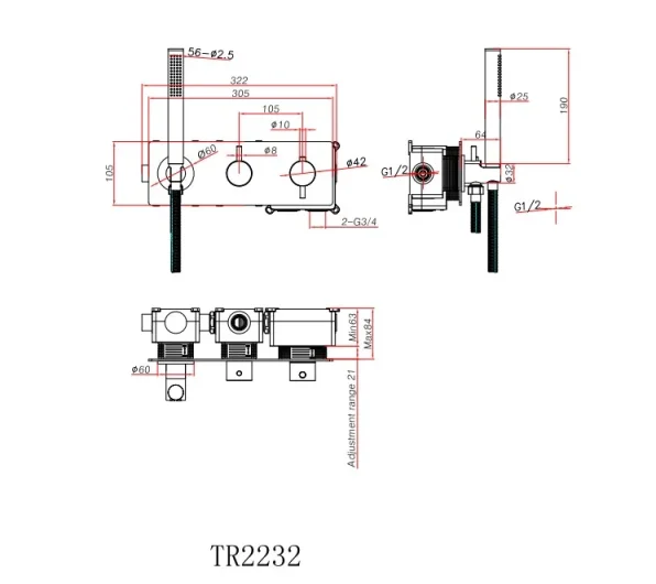 Ava Trend 2 Way 2 Handle Thermostatic Valve With Built In Hand Shower W/3 Hole Backplate - Brushed Black technical drawing - Image 3