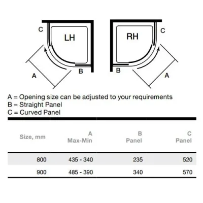 Merlyn 10 Series 1 Door Quadrant Right Hand 800mm technical drawing - Image 2