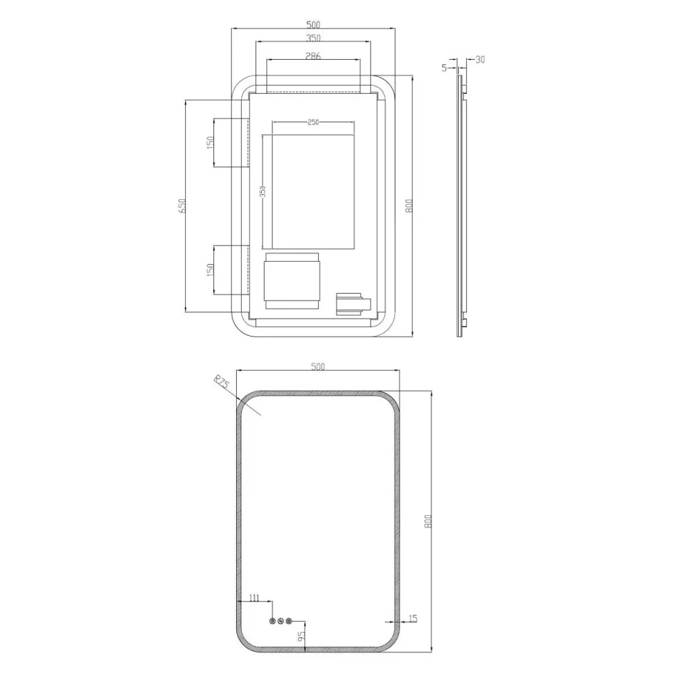 Crosswater Svelte Illuminated Mirror 500x800 technical drawing - Image 2