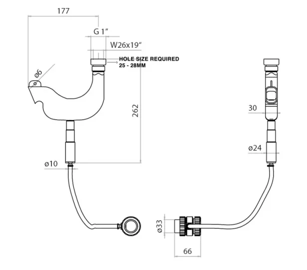 Just Taps Vos Pull-Out Shower Handle With Overflow Waste Drainer Brushed Black technical drawing - Image 2