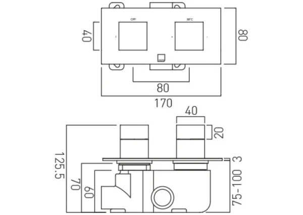 Vado Tablet Notion 1 Outlet 2 Handle Concealed Thermostatic Valve Horizontal Chrome technical drawing - Image 3