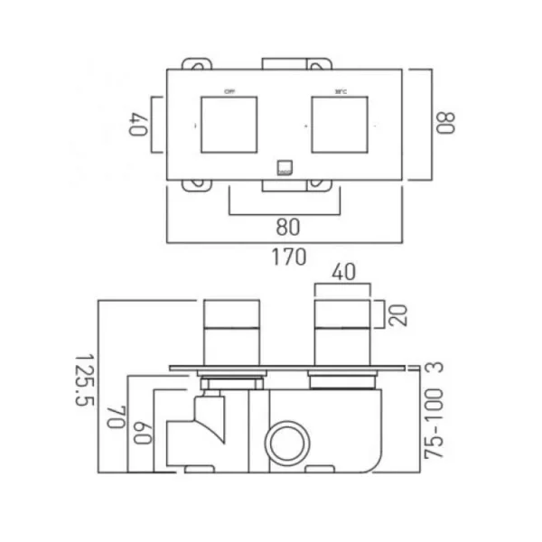 Vado Tablet Notion 1 Outlet 2 Handle Concealed Thermostatic Valve Horizontal Chrome technical drawing - Image 4