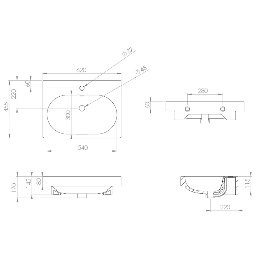 Saneux Austen 62x45cm Washbasin 1th detail view - Image 3