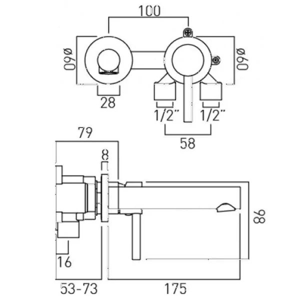 Vado Zoo 2 Hole Basin Mixer Single Lever Wall Mounted Chrome technical drawing - Image 3